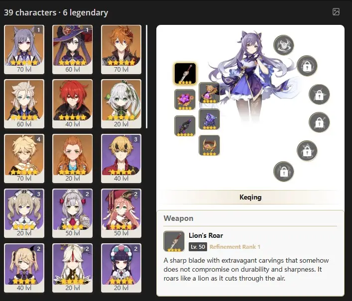 EU - AR:43-C1 KEQING - C1 MONA - TARTAGLIA - ALBEDO - DILUC - NAHIDA - ALOY -39 characters