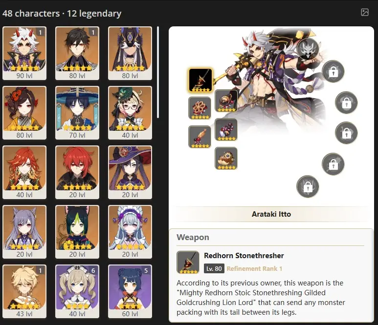 ASIA- AR:55-  C1 ARATAKI ITTO - C1 ZHONGLI - CYNO - CHIORI - WANDERER - EMILIE - MAVUIKA - DILUC - MONA - KEQING - TIGHNARI - YUMEMIZUKI MIZUKI - 48 characters