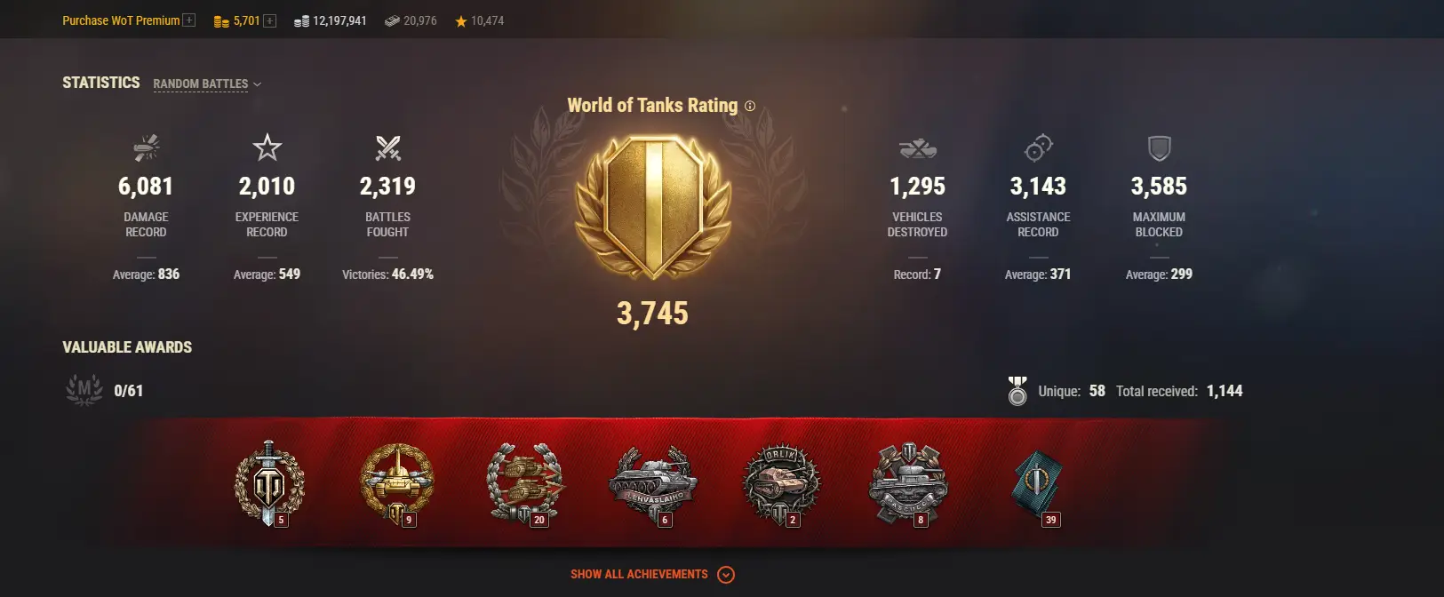 NA | 5 TOP TANKS | 55 PREMIUM TANKS | 5701 GOLD | 2319 BATTLES | INACTIVE