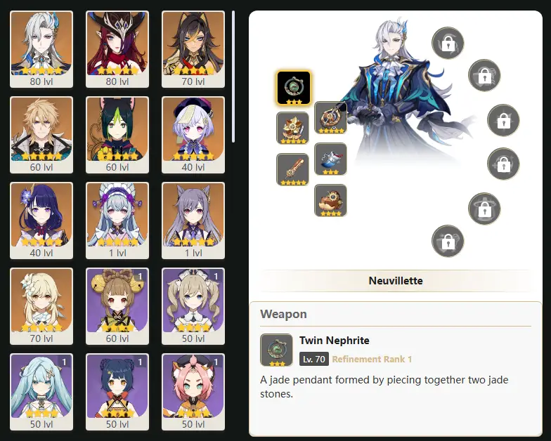 EU- AR: 44 - 48 CHARACTERS [ 9 - FIVE STARS CHARACTERS ] Neuvillette - Chasca - Dehya - Varka - Tighnari - Qiqi - Raiden Shogun - Yumemizuki Mizuki - Keqing