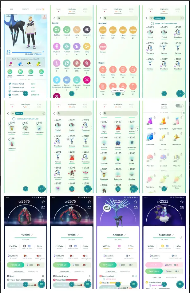 Pokémon GO - Level 52 - 9x Legendary (Yveltal, Xerneas, Thundurus) - 4x Shiny - 375 Pokemons - 2x Hundo - 1 Million Stardust - Full Access