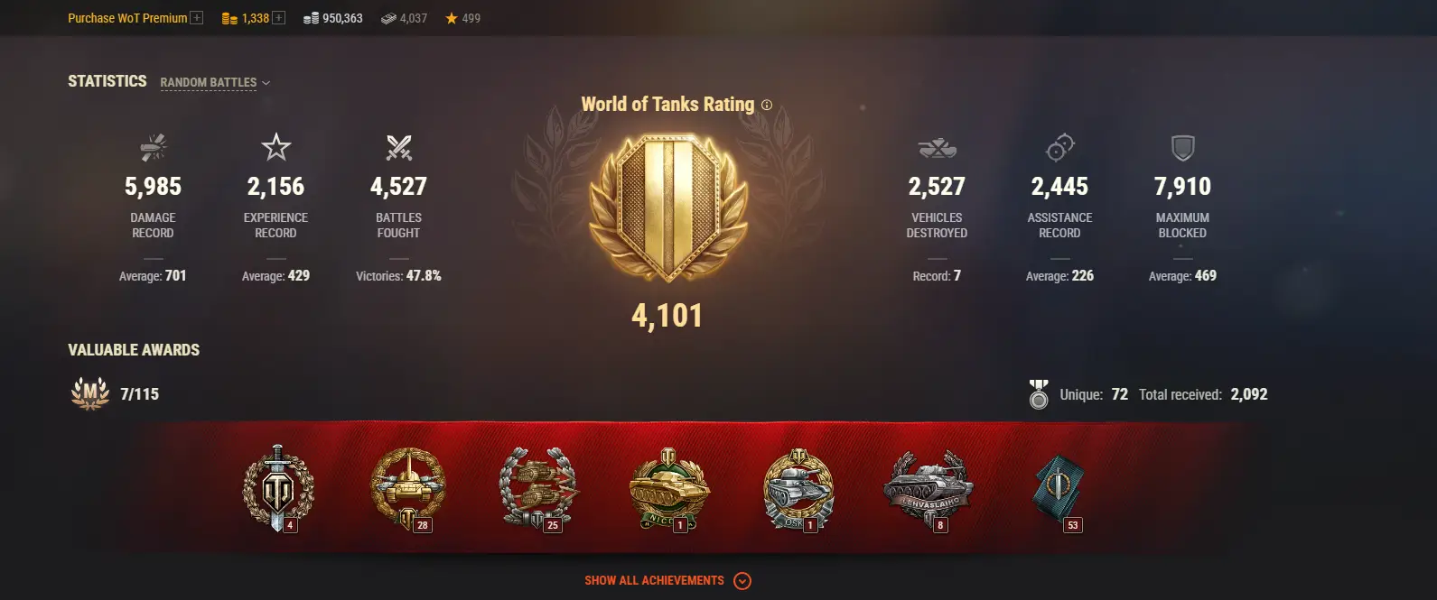 EU | 3 TOP TANKS | 107 PREMIUM TANKS | 1338 GOLD | 4527 BATTLES | INACTIVE