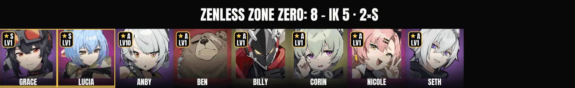 Zenless Zone Zero - Inter-Knot 5 - 8 Agents - 2x S-Rank (Lucia, Grace) - Anby - Seth - Ben - Billy - Corin - Nicole - Full Access