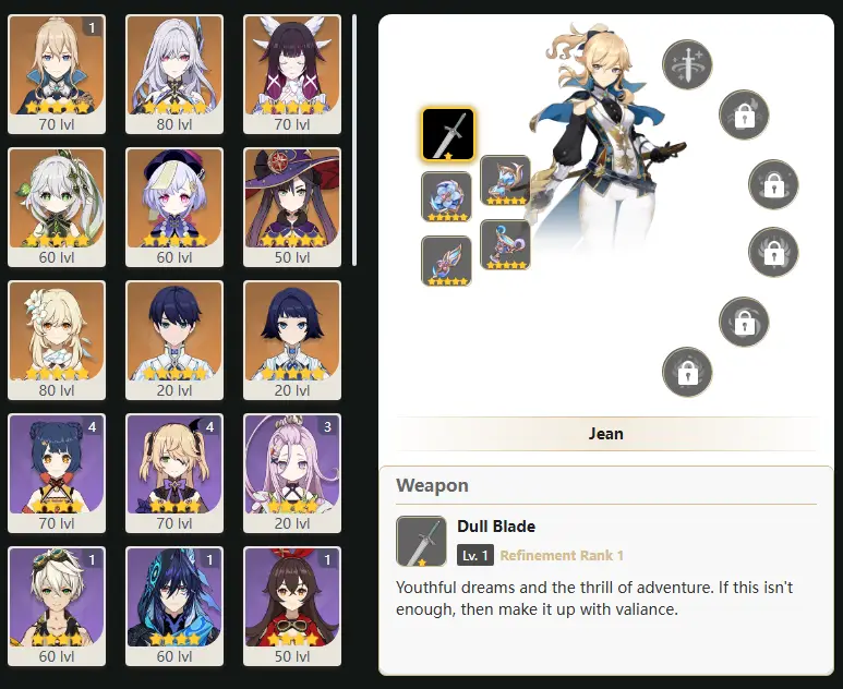 EU - AR: 54 - 38 CHARACTERS [ 8 - FIVE STARS CHARACTERS ] C1 Jean - Skirk - Columbina - Nahida - Qiqi - Mona - Manekin - Manekina
