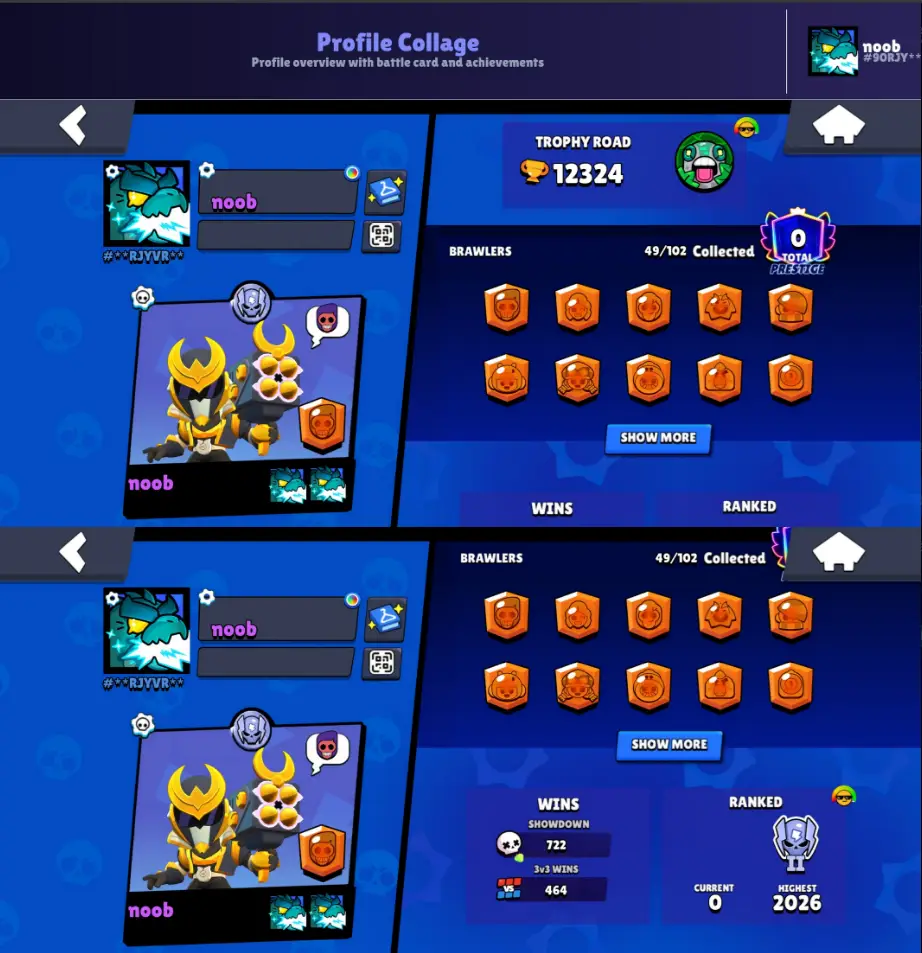49 Brawlers - 12K Trophies - 0 Hypercharged - 53 Skins - 0 Max Power